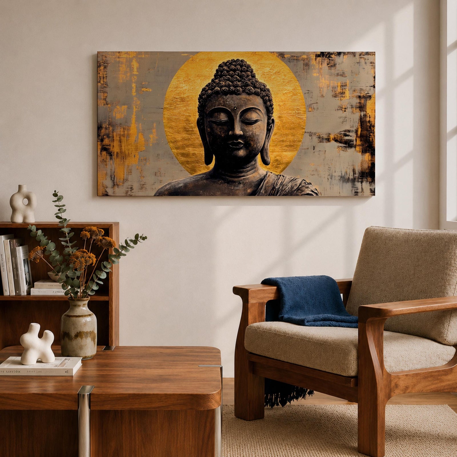 Panoramic painting of a serene Buddha portrait with closed eyes and calm expression set before a radiant golden halo. The composition features textured brushwork in dark bronze tones contrasted against metallic gold accents and an abstract background.
