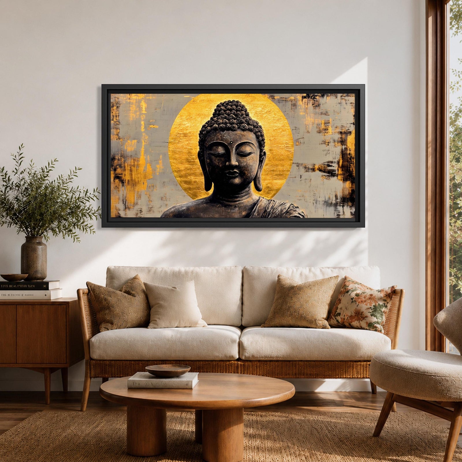 Panoramic painting of a serene Buddha portrait with closed eyes and calm expression set before a radiant golden halo. The composition features textured brushwork in dark bronze tones contrasted against metallic gold accents and an abstract background.