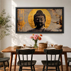 Panoramic painting of a serene Buddha portrait with closed eyes and calm expression set before a radiant golden halo. The composition features textured brushwork in dark bronze tones contrasted against metallic gold accents and an abstract background.