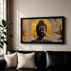 Panoramic painting of a serene Buddha portrait with closed eyes and calm expression set before a radiant golden halo. The composition features textured brushwork in dark bronze tones contrasted against metallic gold accents and an abstract background.