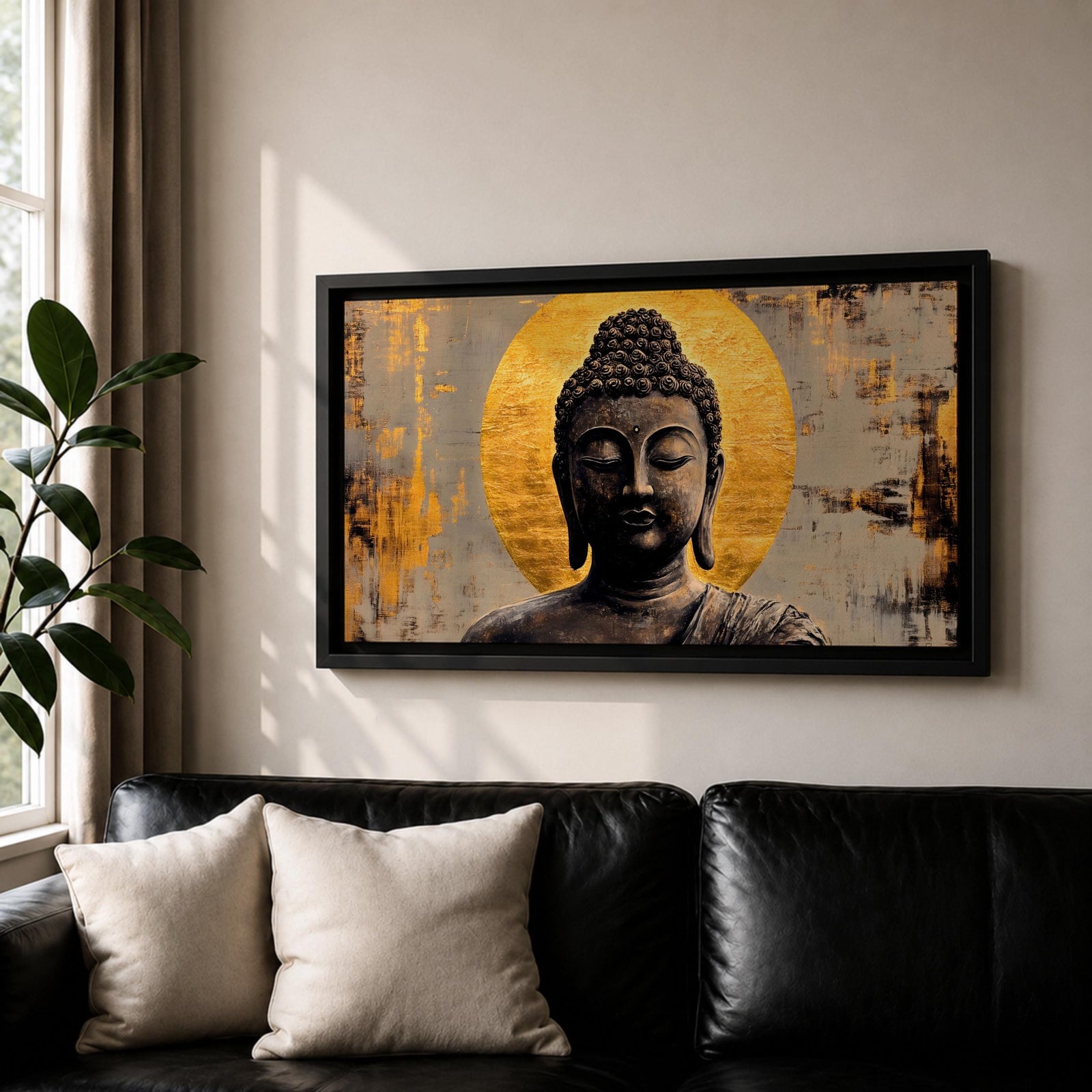 Panoramic painting of a serene Buddha portrait with closed eyes and calm expression set before a radiant golden halo. The composition features textured brushwork in dark bronze tones contrasted against metallic gold accents and an abstract background.