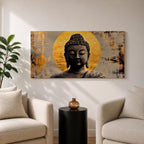 Panoramic painting of a serene Buddha portrait with closed eyes and calm expression set before a radiant golden halo. The composition features textured brushwork in dark bronze tones contrasted against metallic gold accents and an abstract background.