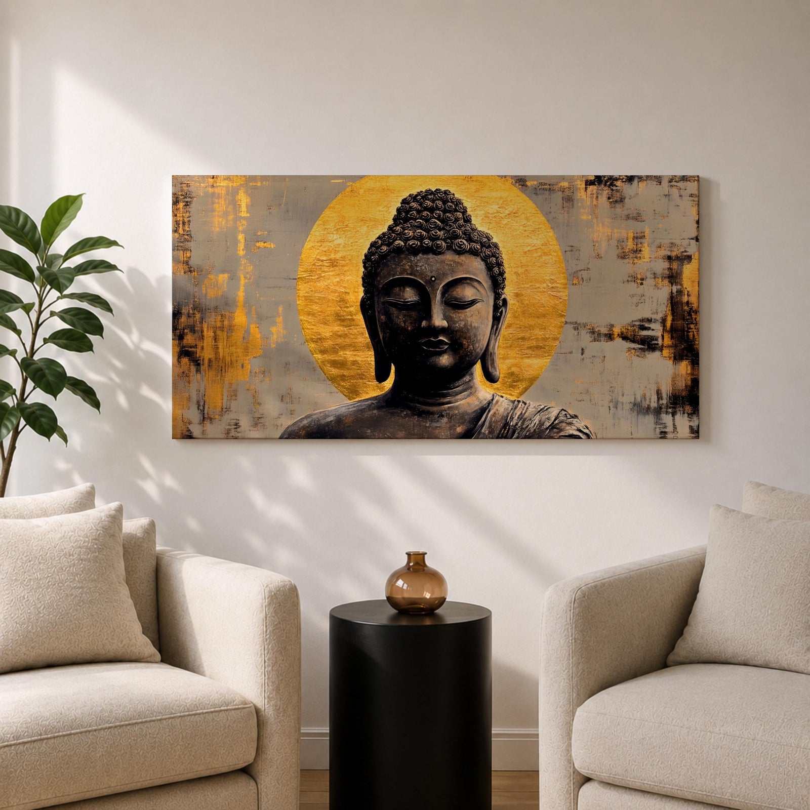 Panoramic painting of a serene Buddha portrait with closed eyes and calm expression set before a radiant golden halo. The composition features textured brushwork in dark bronze tones contrasted against metallic gold accents and an abstract background.