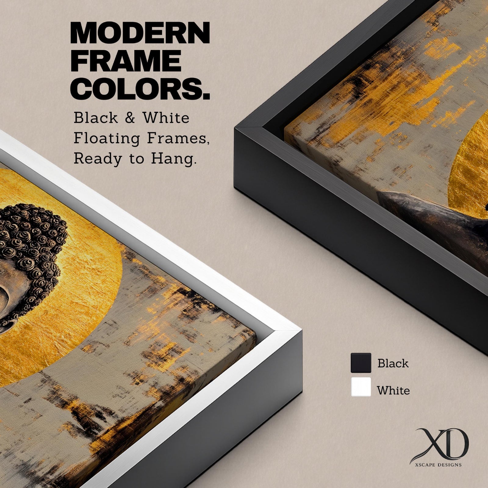 Panoramic painting of a serene Buddha portrait with closed eyes and calm expression set before a radiant golden halo. The composition features textured brushwork in dark bronze tones contrasted against metallic gold accents and an abstract background.