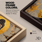 Panoramic painting of a serene Buddha portrait with closed eyes and calm expression set before a radiant golden halo. The composition features textured brushwork in dark bronze tones contrasted against metallic gold accents and an abstract background.