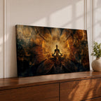 Panoramic spiritual artwork of a meditating silhouette seated in lotus position surrounded by radiant golden energy patterns and abstract symmetrical light forms resembling wings or lotus petals against a dark cosmic background.