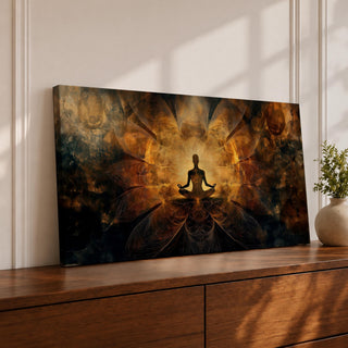 Panoramic spiritual artwork of a meditating silhouette seated in lotus position surrounded by radiant golden energy patterns and abstract symmetrical light forms resembling wings or lotus petals against a dark cosmic background.