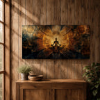 Panoramic spiritual artwork of a meditating silhouette seated in lotus position surrounded by radiant golden energy patterns and abstract symmetrical light forms resembling wings or lotus petals against a dark cosmic background.