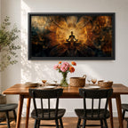 Panoramic spiritual artwork of a meditating silhouette seated in lotus position surrounded by radiant golden energy patterns and abstract symmetrical light forms resembling wings or lotus petals against a dark cosmic background.