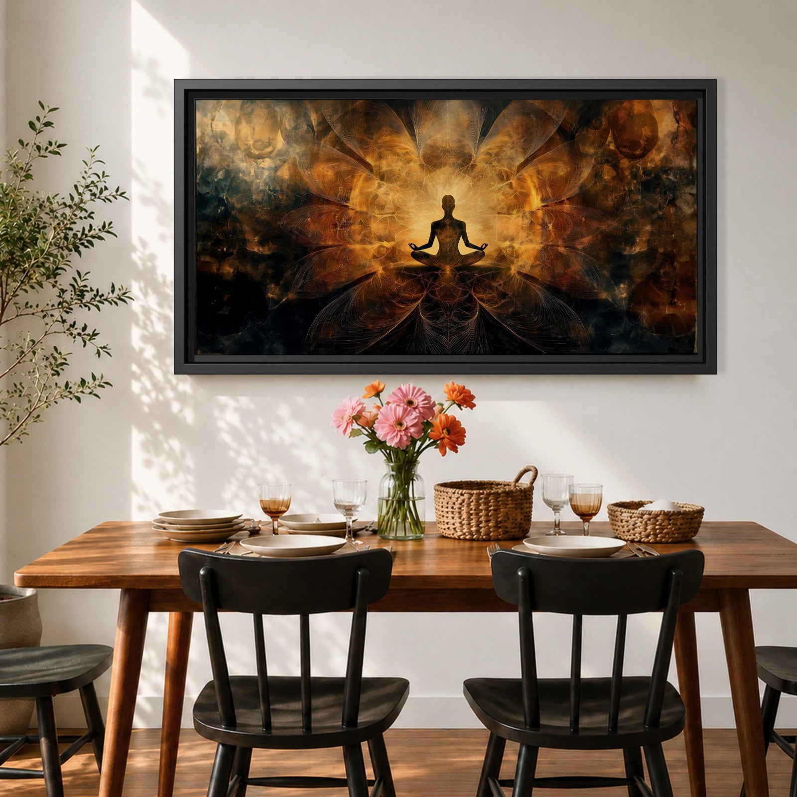 Panoramic spiritual artwork of a meditating silhouette seated in lotus position surrounded by radiant golden energy patterns and abstract symmetrical light forms resembling wings or lotus petals against a dark cosmic background.