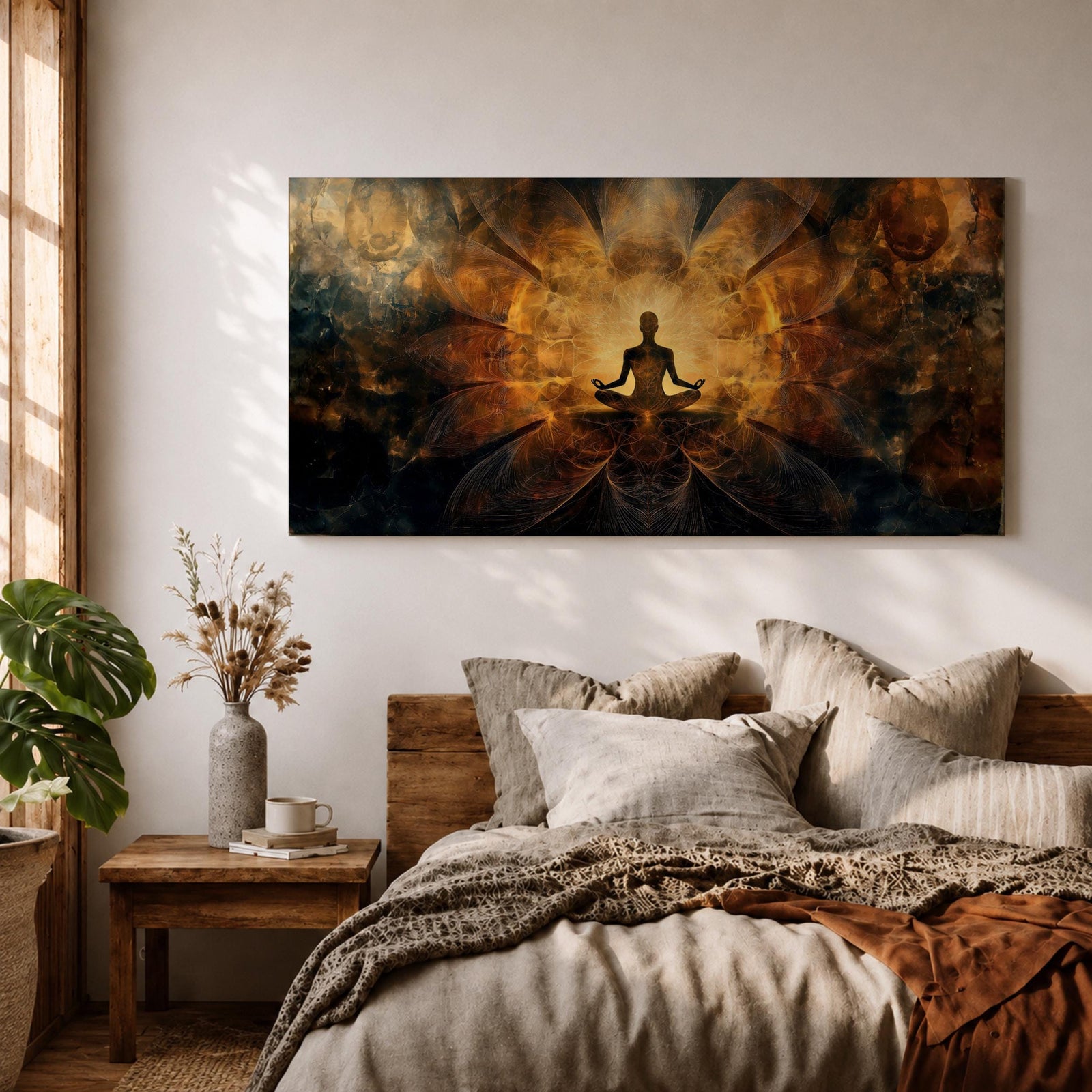 Panoramic spiritual artwork of a meditating silhouette seated in lotus position surrounded by radiant golden energy patterns and abstract symmetrical light forms resembling wings or lotus petals against a dark cosmic background.
