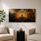 Panoramic spiritual artwork of a meditating silhouette seated in lotus position surrounded by radiant golden energy patterns and abstract symmetrical light forms resembling wings or lotus petals against a dark cosmic background.