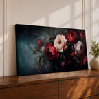 Panoramic oil-style painting of deep red and soft blush roses arranged in a lush bouquet against a dark moody background. Thick textured brushstrokes highlight layered petals, creating a dramatic romantic floral composition with rich shadows and painterly depth.