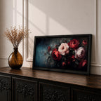 Panoramic oil-style painting of deep red and soft blush roses arranged in a lush bouquet against a dark moody background. Thick textured brushstrokes highlight layered petals, creating a dramatic romantic floral composition with rich shadows and painterly depth.