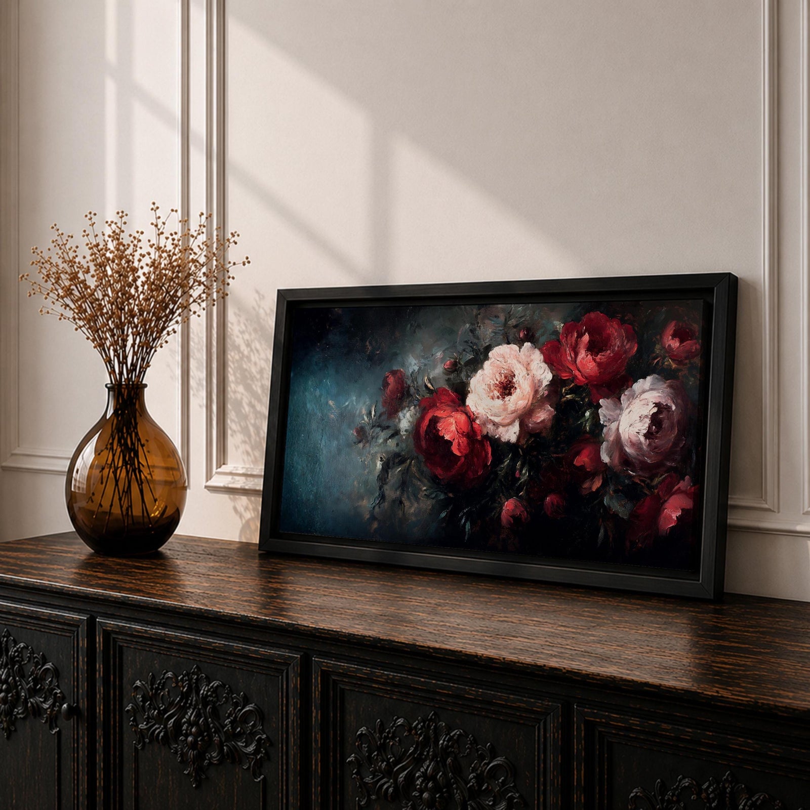 Panoramic oil-style painting of deep red and soft blush roses arranged in a lush bouquet against a dark moody background. Thick textured brushstrokes highlight layered petals, creating a dramatic romantic floral composition with rich shadows and painterly depth.