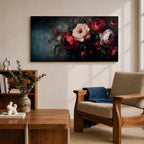 Panoramic oil-style painting of deep red and soft blush roses arranged in a lush bouquet against a dark moody background. Thick textured brushstrokes highlight layered petals, creating a dramatic romantic floral composition with rich shadows and painterly depth.