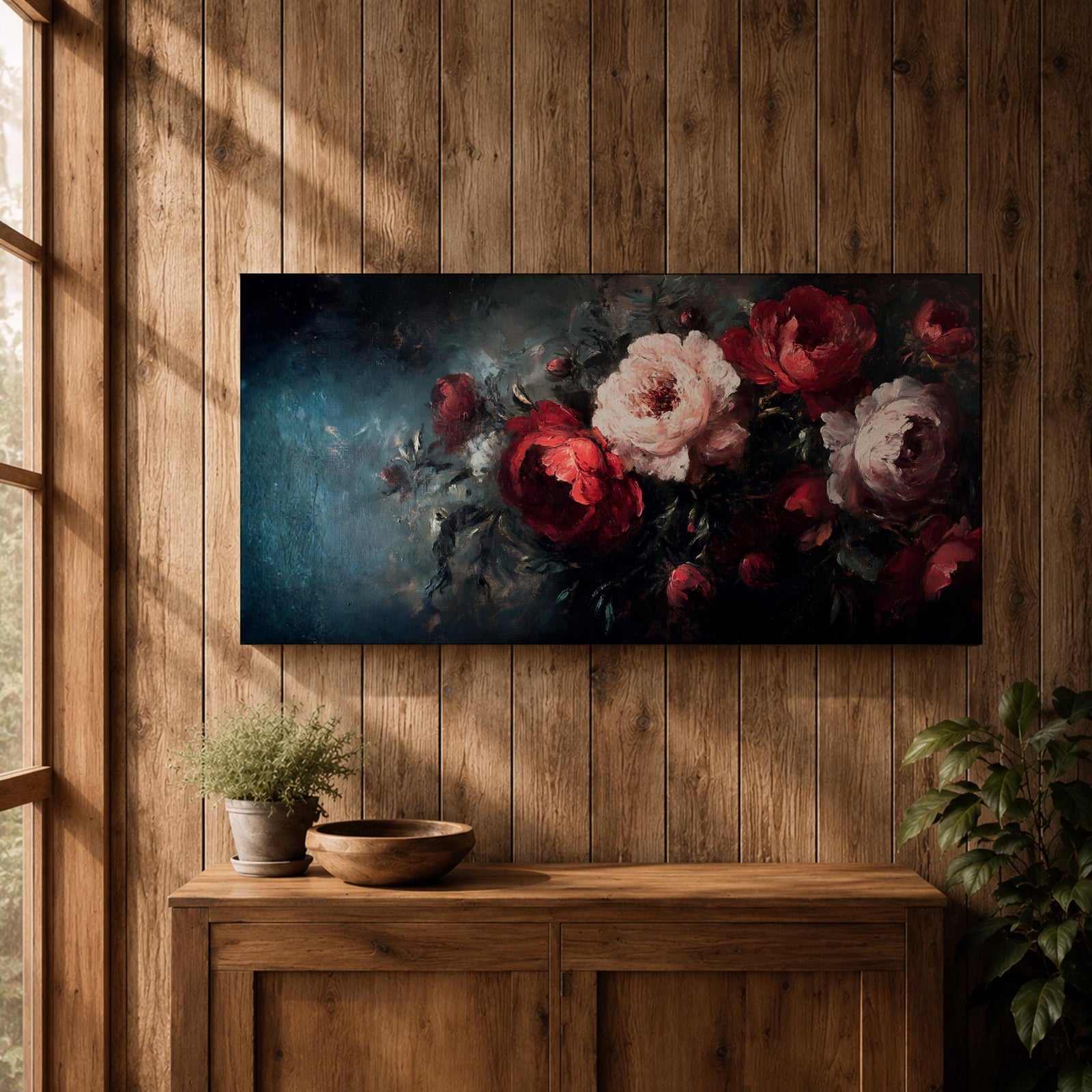 Panoramic oil-style painting of deep red and soft blush roses arranged in a lush bouquet against a dark moody background. Thick textured brushstrokes highlight layered petals, creating a dramatic romantic floral composition with rich shadows and painterly depth.