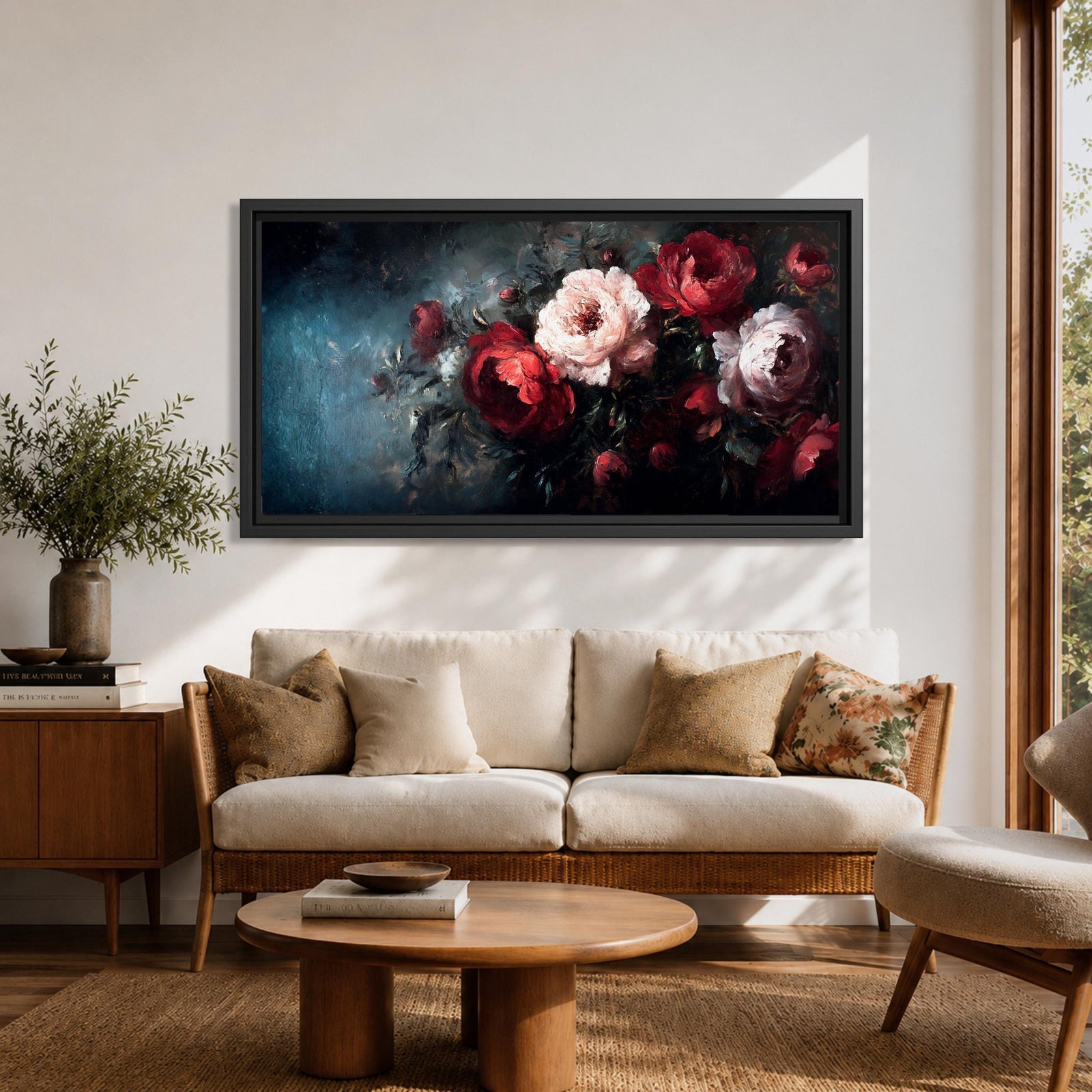 Panoramic oil-style painting of deep red and soft blush roses arranged in a lush bouquet against a dark moody background. Thick textured brushstrokes highlight layered petals, creating a dramatic romantic floral composition with rich shadows and painterly depth.