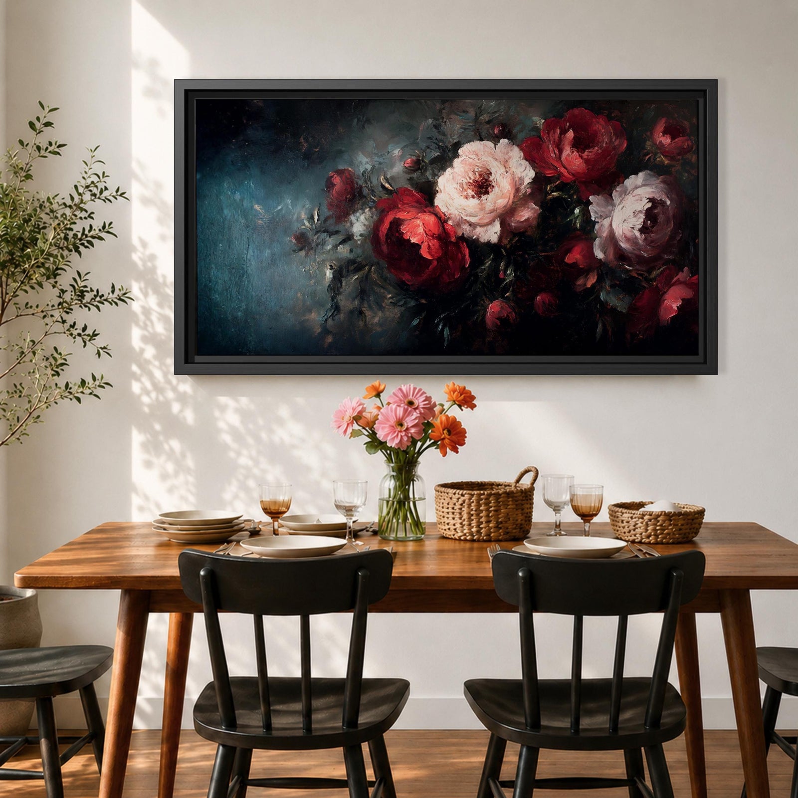 Panoramic oil-style painting of deep red and soft blush roses arranged in a lush bouquet against a dark moody background. Thick textured brushstrokes highlight layered petals, creating a dramatic romantic floral composition with rich shadows and painterly depth.