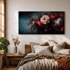 Panoramic oil-style painting of deep red and soft blush roses arranged in a lush bouquet against a dark moody background. Thick textured brushstrokes highlight layered petals, creating a dramatic romantic floral composition with rich shadows and painterly depth.