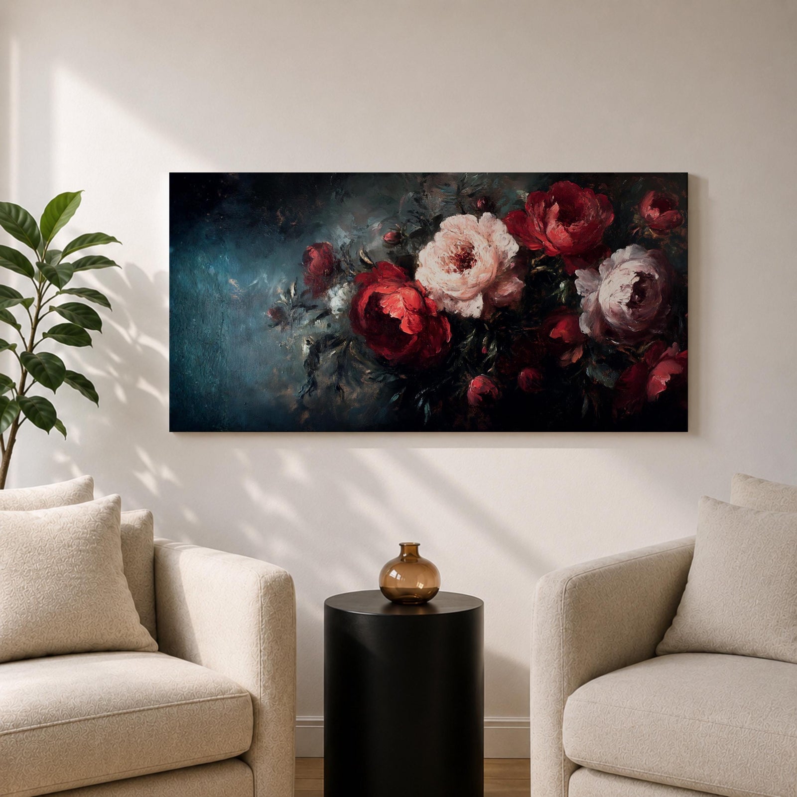 Panoramic oil-style painting of deep red and soft blush roses arranged in a lush bouquet against a dark moody background. Thick textured brushstrokes highlight layered petals, creating a dramatic romantic floral composition with rich shadows and painterly depth.