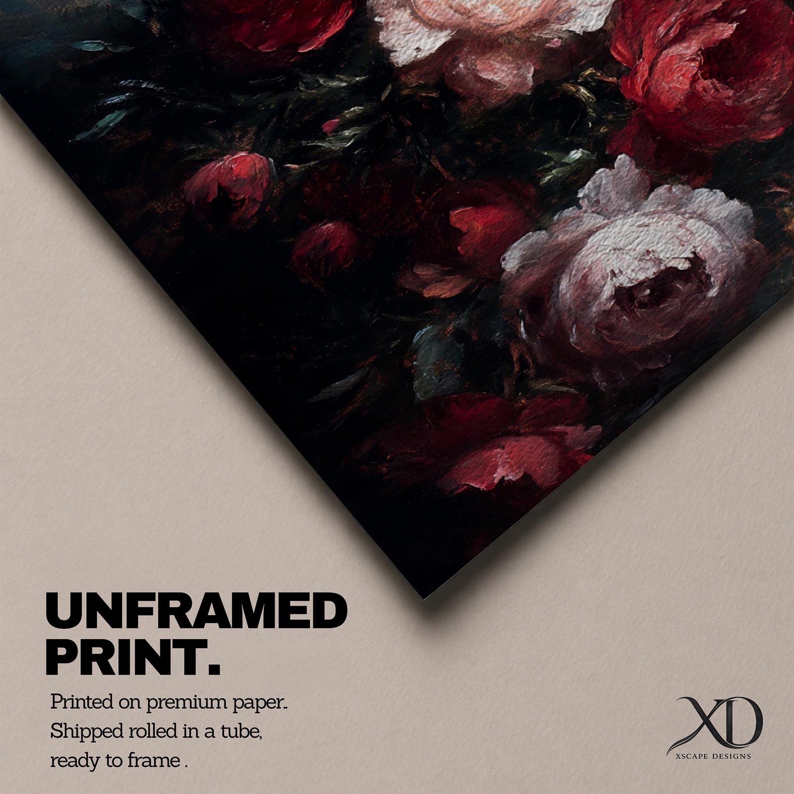 Panoramic oil-style painting of deep red and soft blush roses arranged in a lush bouquet against a dark moody background. Thick textured brushstrokes highlight layered petals, creating a dramatic romantic floral composition with rich shadows and painterly depth.