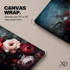 Panoramic oil-style painting of deep red and soft blush roses arranged in a lush bouquet against a dark moody background. Thick textured brushstrokes highlight layered petals, creating a dramatic romantic floral composition with rich shadows and painterly depth.