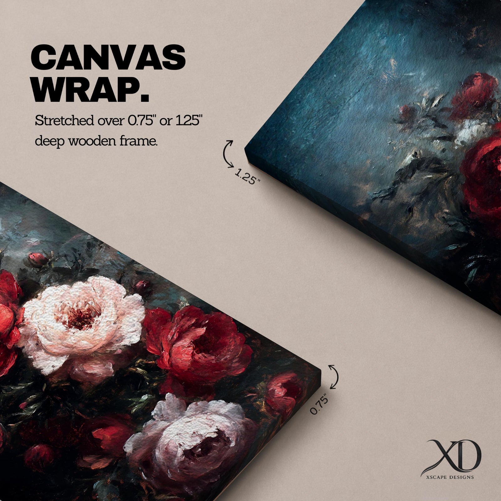 Panoramic oil-style painting of deep red and soft blush roses arranged in a lush bouquet against a dark moody background. Thick textured brushstrokes highlight layered petals, creating a dramatic romantic floral composition with rich shadows and painterly depth.