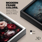 Panoramic oil-style painting of deep red and soft blush roses arranged in a lush bouquet against a dark moody background. Thick textured brushstrokes highlight layered petals, creating a dramatic romantic floral composition with rich shadows and painterly depth.