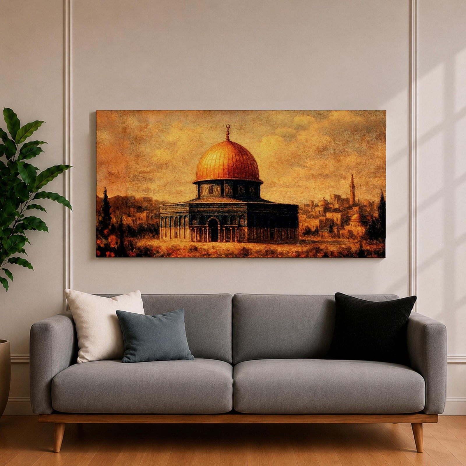 Panoramic vintage style painting of the Dome of the Rock in Jerusalem featuring a glowing golden dome above historic stone architecture with warm sepia tones and textured brushwork against a dramatic sky.