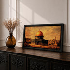 Panoramic vintage style painting of the Dome of the Rock in Jerusalem featuring a glowing golden dome above historic stone architecture with warm sepia tones and textured brushwork against a dramatic sky.