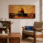 Panoramic vintage style painting of the Dome of the Rock in Jerusalem featuring a glowing golden dome above historic stone architecture with warm sepia tones and textured brushwork against a dramatic sky.