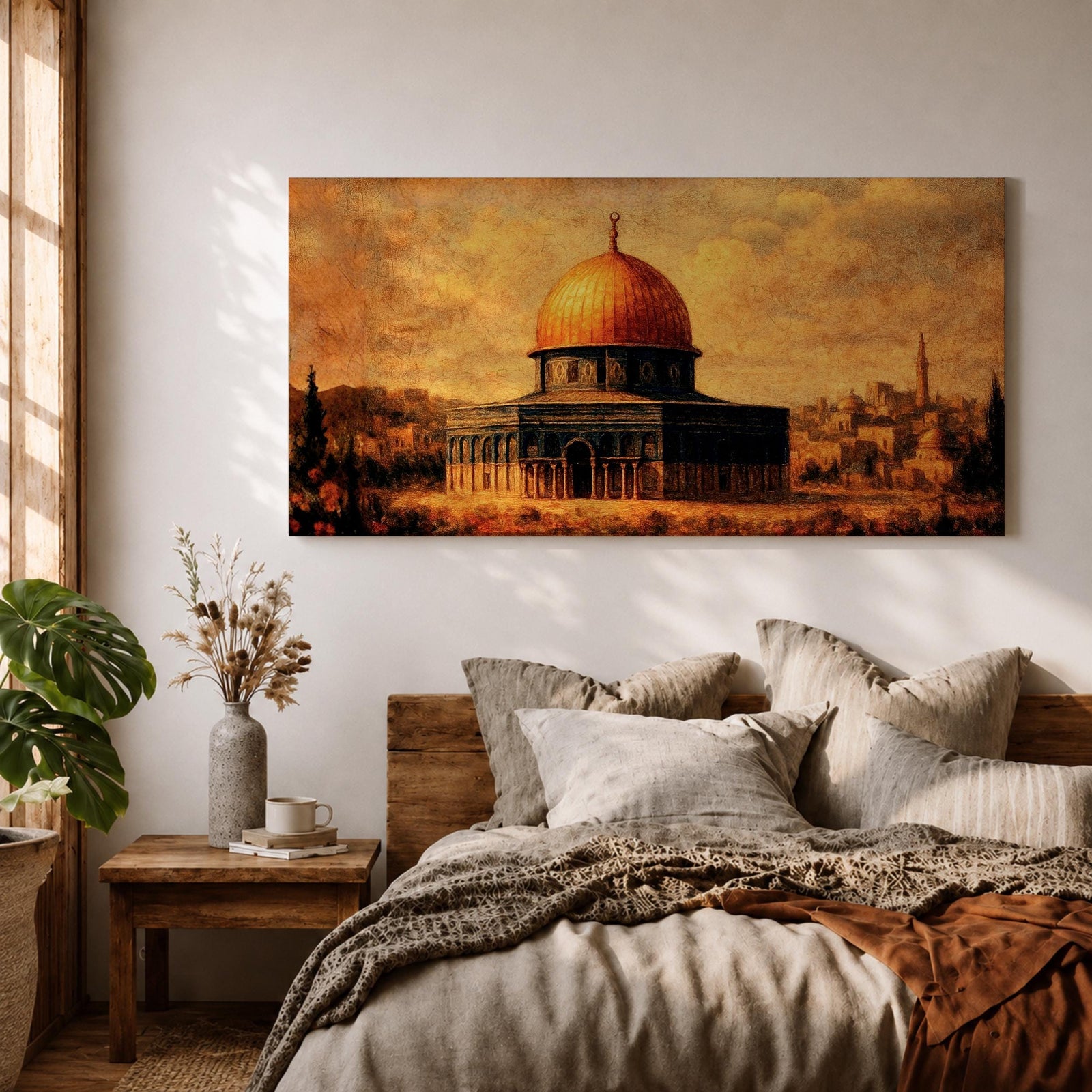 Panoramic vintage style painting of the Dome of the Rock in Jerusalem featuring a glowing golden dome above historic stone architecture with warm sepia tones and textured brushwork against a dramatic sky.