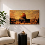 Panoramic vintage style painting of the Dome of the Rock in Jerusalem featuring a glowing golden dome above historic stone architecture with warm sepia tones and textured brushwork against a dramatic sky.