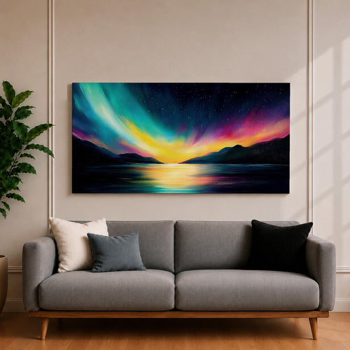 Panoramic painting of vibrant aurora borealis lights sweeping across a star filled night sky above calm mountain silhouettes and a reflective lake with glowing colors mirrored on the water.