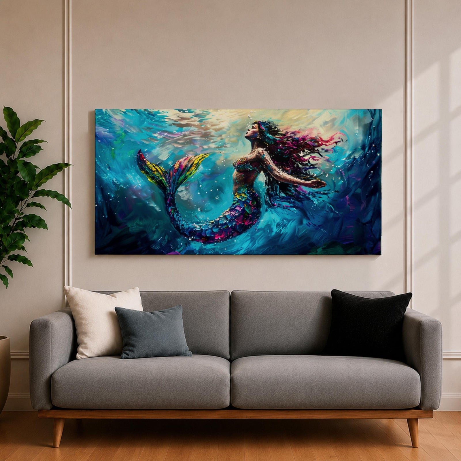 Panoramic fantasy artwork of a mermaid swimming gracefully underwater with flowing hair and iridescent scales illuminated by soft ocean light and deep blue currents.