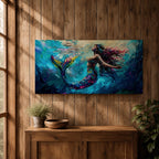 Panoramic fantasy artwork of a mermaid swimming gracefully underwater with flowing hair and iridescent scales illuminated by soft ocean light and deep blue currents.