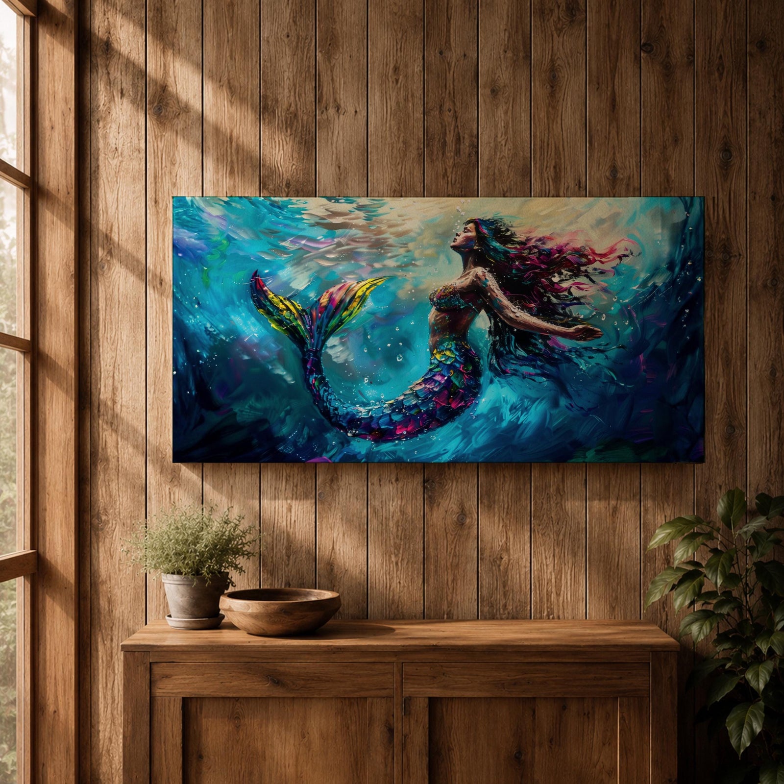 Panoramic fantasy artwork of a mermaid swimming gracefully underwater with flowing hair and iridescent scales illuminated by soft ocean light and deep blue currents.