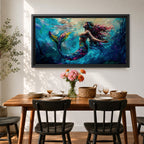 Panoramic fantasy artwork of a mermaid swimming gracefully underwater with flowing hair and iridescent scales illuminated by soft ocean light and deep blue currents.