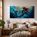 Panoramic fantasy artwork of a mermaid swimming gracefully underwater with flowing hair and iridescent scales illuminated by soft ocean light and deep blue currents.