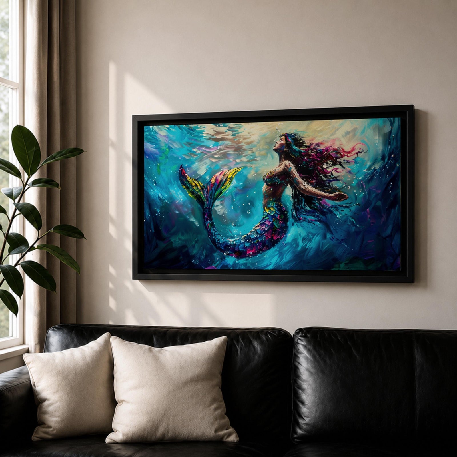 Panoramic fantasy artwork of a mermaid swimming gracefully underwater with flowing hair and iridescent scales illuminated by soft ocean light and deep blue currents.