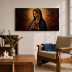 Panoramic religious painting of the Virgin Mary praying with hands together and head bowed, surrounded by a radiant golden halo against a warm dark background.