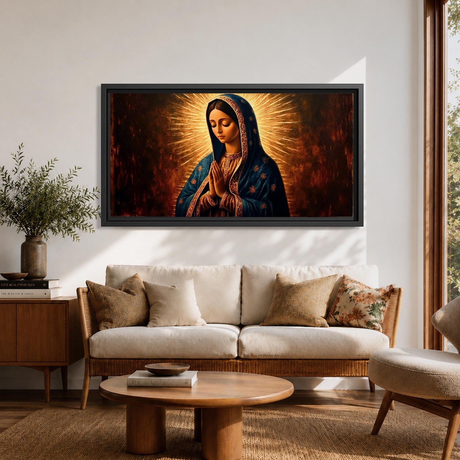 Panoramic religious painting of the Virgin Mary praying with hands together and head bowed, surrounded by a radiant golden halo against a warm dark background.