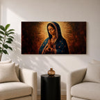 Panoramic religious painting of the Virgin Mary praying with hands together and head bowed, surrounded by a radiant golden halo against a warm dark background.