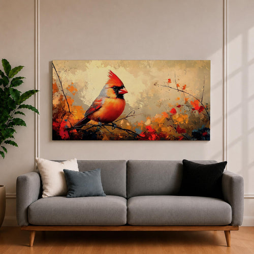 Panoramic painting of a bright red cardinal perched on a thin branch surrounded by warm autumn foliage with textured painterly brushstrokes and glowing seasonal tones.