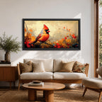 Panoramic painting of a bright red cardinal perched on a thin branch surrounded by warm autumn foliage with textured painterly brushstrokes and glowing seasonal tones.