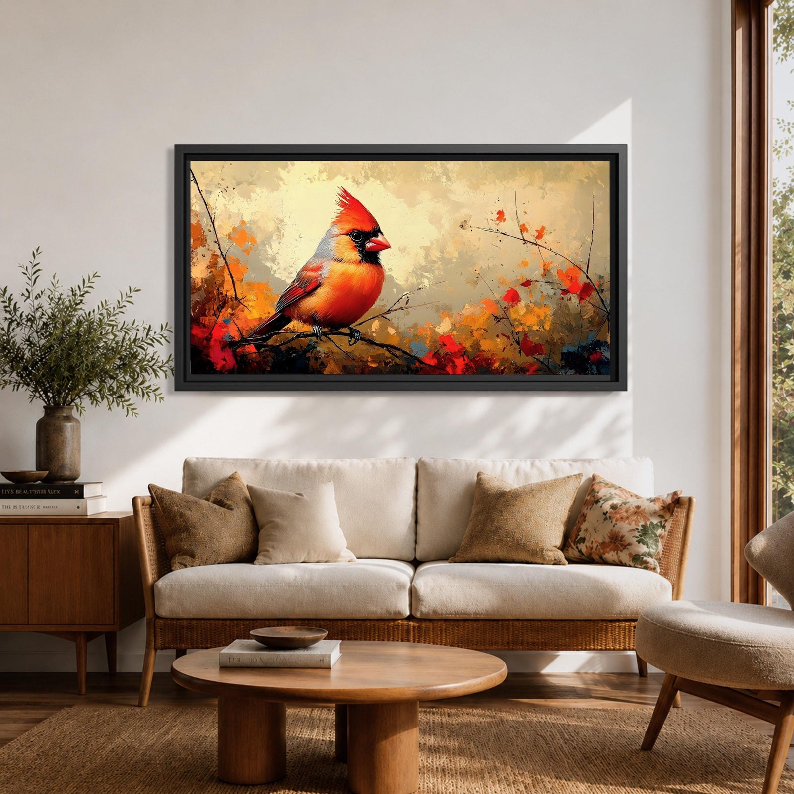 Panoramic painting of a bright red cardinal perched on a thin branch surrounded by warm autumn foliage with textured painterly brushstrokes and glowing seasonal tones.