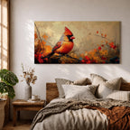 Panoramic painting of a bright red cardinal perched on a thin branch surrounded by warm autumn foliage with textured painterly brushstrokes and glowing seasonal tones.