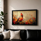 Panoramic painting of a bright red cardinal perched on a thin branch surrounded by warm autumn foliage with textured painterly brushstrokes and glowing seasonal tones.