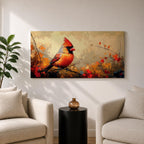 Panoramic painting of a bright red cardinal perched on a thin branch surrounded by warm autumn foliage with textured painterly brushstrokes and glowing seasonal tones.